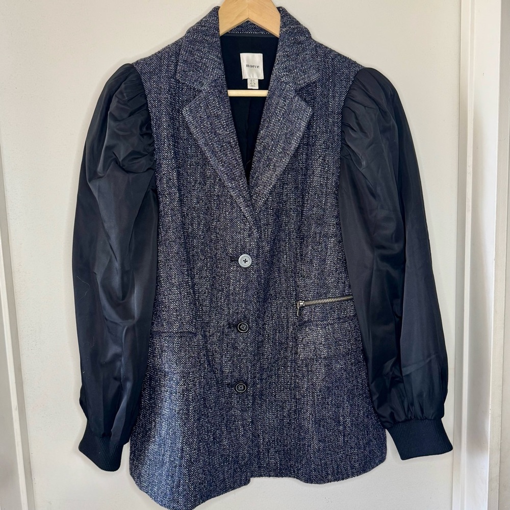 Maeve Mixed Media Relaxed Jacket Anthropologie Black Tweed Womens 4 Puffy Sleeve